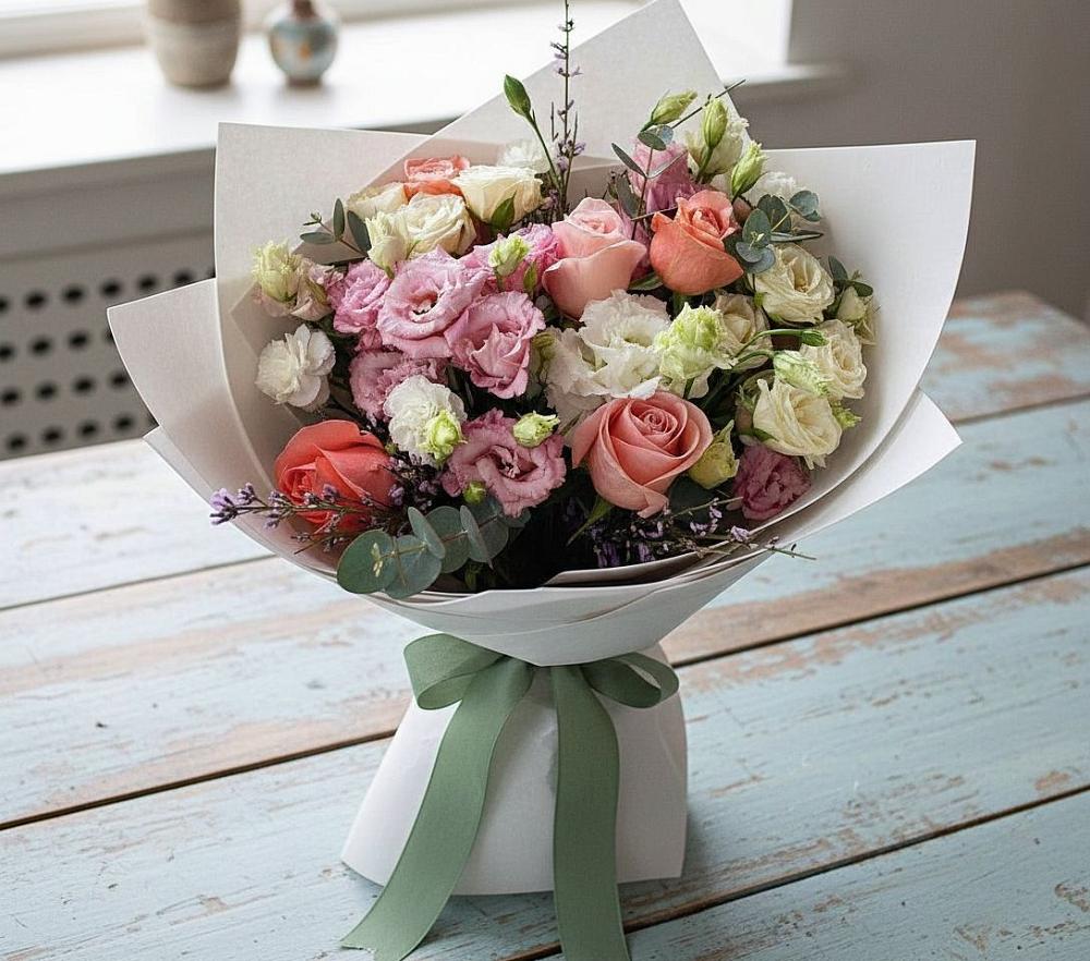 Букет цветов из: Розы, Лизиантусы и Гвоздики в Уптар