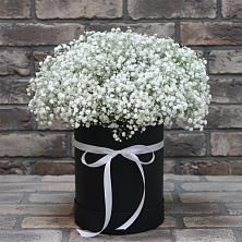 Цветочная композиция из Гипсофила в шляпной коробке в Уптар